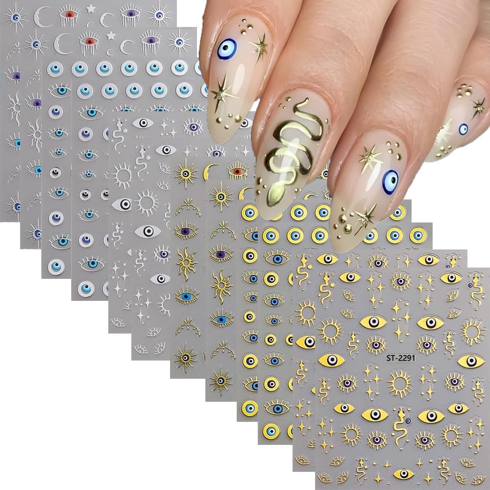 12 Sheets Gold Eye Nails Stickers Decals Star Sun Design Nails Art Stickers 3D Self-Adhesive Snake Moon Nail Art Decals for Women DIY Nail Decorations-FemmiqueWomen