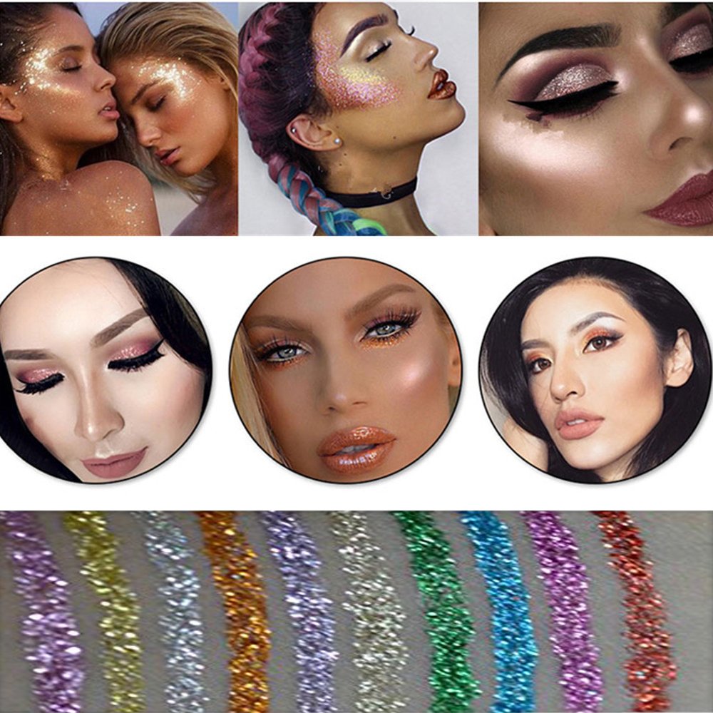 10 Colors Liquid Glitter Eyeliner Metallic Shimmer Glitter Eyeshadow Pigment Eyebrown Shimmer Waterproof Face Lips Art for Party Festival Makeup-FemmiqueWomen