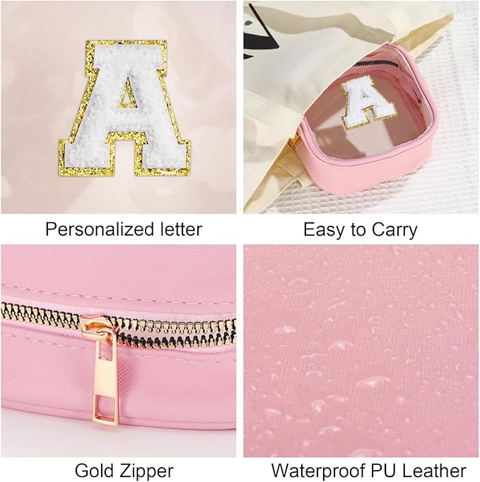 YOOLIFE Mini Birthday Gifts for Women - Personalized Cute Pink Initial Clear Makeup Bag Make Up Bag Travel Bag for Mothers Day Gifts Teacher Sister Friend Female Girlfriend Wife Teen Gifts Party Bag T-FemmiqueWomen