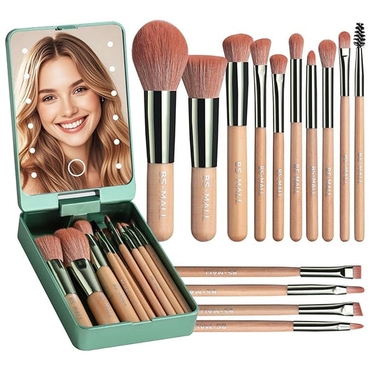 BS-MALL Travel Makeup Brush Set Foundation Powder Concealers Eye Shadows Makeup Set with LED light Mirror 14 Pcs (Green)-FemmiqueWomen