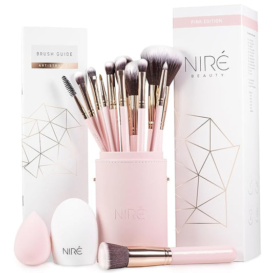 Niré Beauty 15piece Award Winning Pink Makeup Brushes: Pink Makeup Brush Set with Case, Makeup Sponge, Brush Cleaner, Guide, Gift Box-FemmiqueWomen