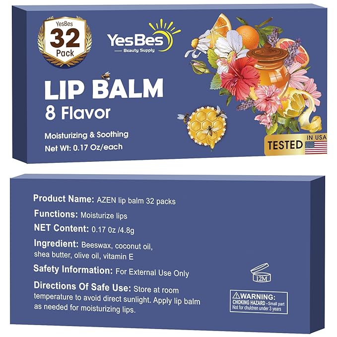 32 Pack Lip Balm, Natural Lip Balm Bulk with Vitamin E and Coconut Oil, Moisturizing Lip Balm for Dry Cracked Lips, Lip Balm for Stocking Stuffers - 8 Flavors-FemmiqueWomen