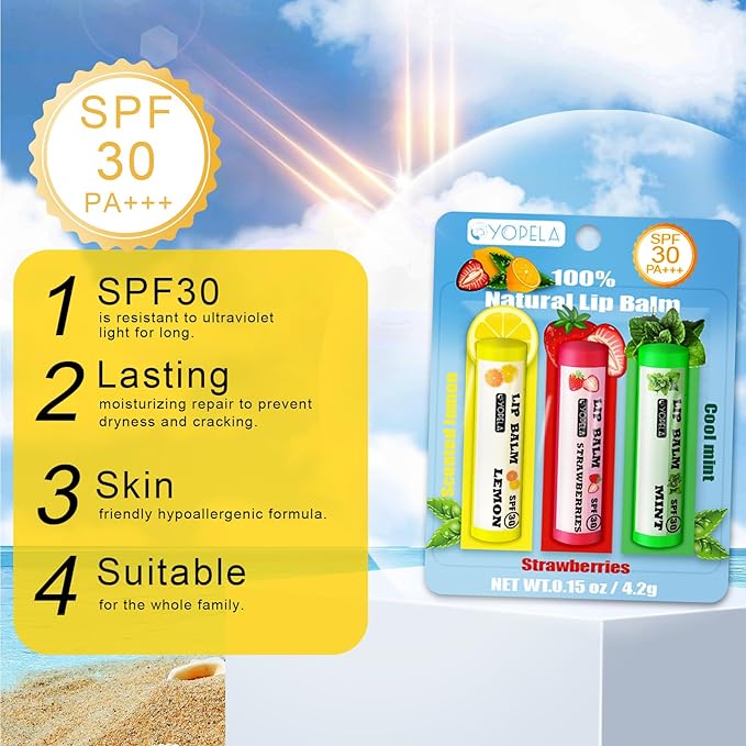 3 Pack SPF Lip Balm Bulk - SPF 30 SunGuard Lip Balm Sunscreen- Summer Protection for Lasting Hydration UV Defense Prevents and Soothes Dry, Chapped Lips-3 Delicious Flavors-FemmiqueWomen