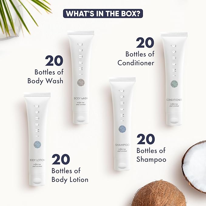 Infuse White Tea & Coconut Hotel Toiletries Bulk Set | 1-Shoppe Amenities Kit | 1oz Shampoo & Conditioner, Body Wash, Lotion | Travel Size | 80 Pieces-FemmiqueWomen