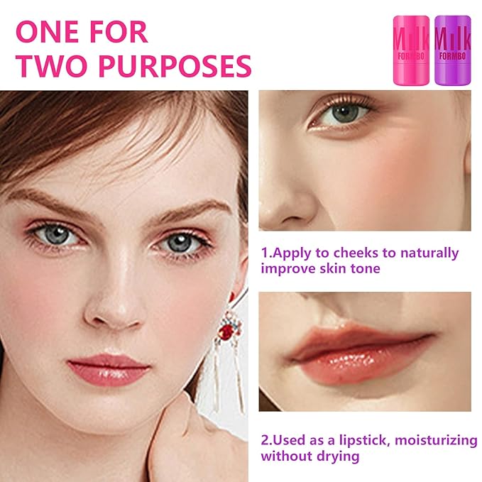 2 Pcs Milk Jelly Blush,Jelly Tint Blush Stick Sheer Lip & Cheek Stain Milk Cooling Water Jelly Tint Long Lasting Face Blushes, Lip Gloss Cheek Solid Moisturizer Stick (03#+04#)-FemmiqueWomen