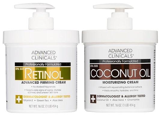 Advanced Clinicals Unscented Retinol Body Lotion & Face Moisturizer + Coconut Oil Body Cream For Women & Men | 2PC Skincare Set Helps Reduce Appearance Of Crepey Skin + Irritated Dry Skin, 2pc Set-FemmiqueWomen