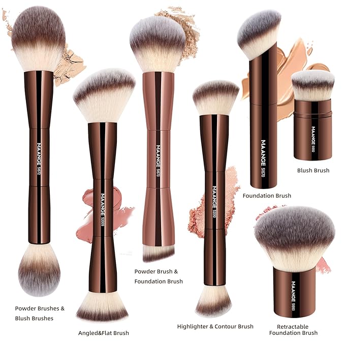 MAANGE 7pcs Makeup Brush Set Double Sided Kabuki Makeup Brushes Contour Brush for Foundation Liquid Powder Concealer Cream Cosmetics Bronzer Blending Blush Buffing Makeup Tools (Coffee)-FemmiqueWomen