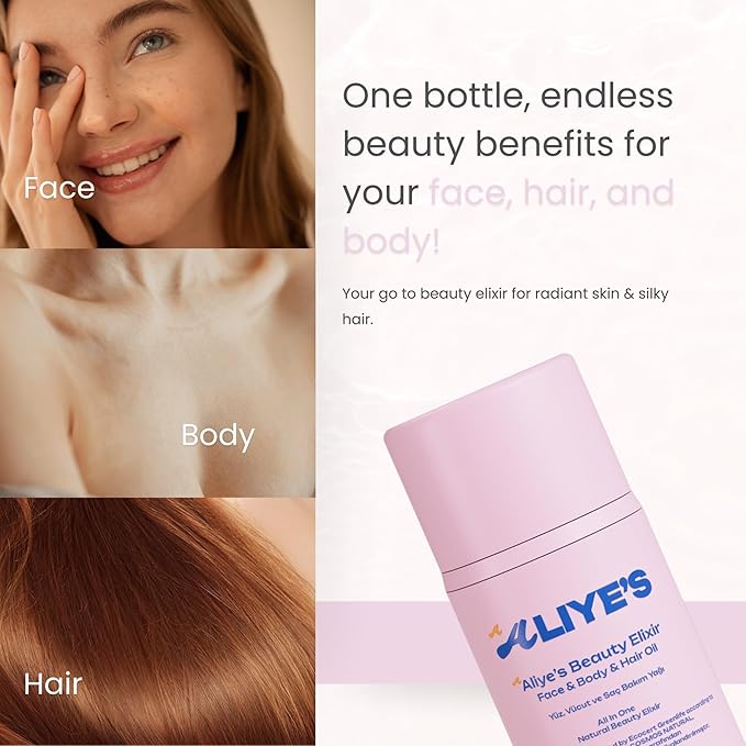 ALIYE'S A Beauty Elixir - All In One - Face & Body & Hair Oil Ecocert/Cosmos Natural Certified, Vegan, Non-GMO, Alcohol - Silicone Paraben Free, Derma-FemmiqueWomen