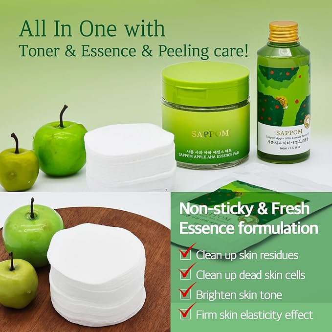 Apple AHA Essence Pad, Green Apple, with AHA, Toner pad, Soothing and Peeling, 60 vegan sheets-for sensitive skin, Hydrating care-FemmiqueWomen