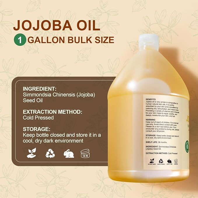 Yoken 1 Gallon Jojoba Oil EWG Verified - 100% Pure Jojoba Oils Bulk Cold Pressed Unrefined Hexane Free Virgin Golden jojoba Carrier Oil for Hair Skin Massage DIY Natural Body Moisturizer-FemmiqueWomen