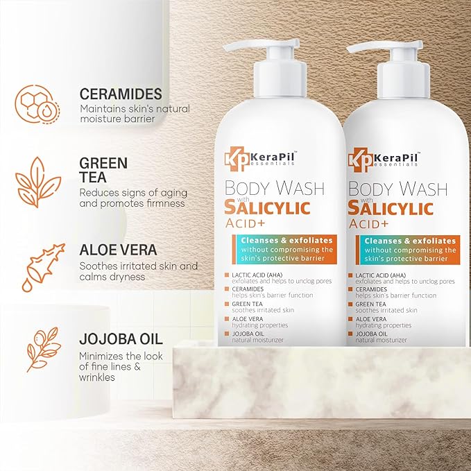 Salicylic Acid Body Wash - Skin Non-drying, Gentle Exfoliates Rough and Bumpy Skin, Body Acne Wash, BHA & AHA - Unscented Exfoliating Body Wash, Made in USA - (16 fl oz x 2)-FemmiqueWomen