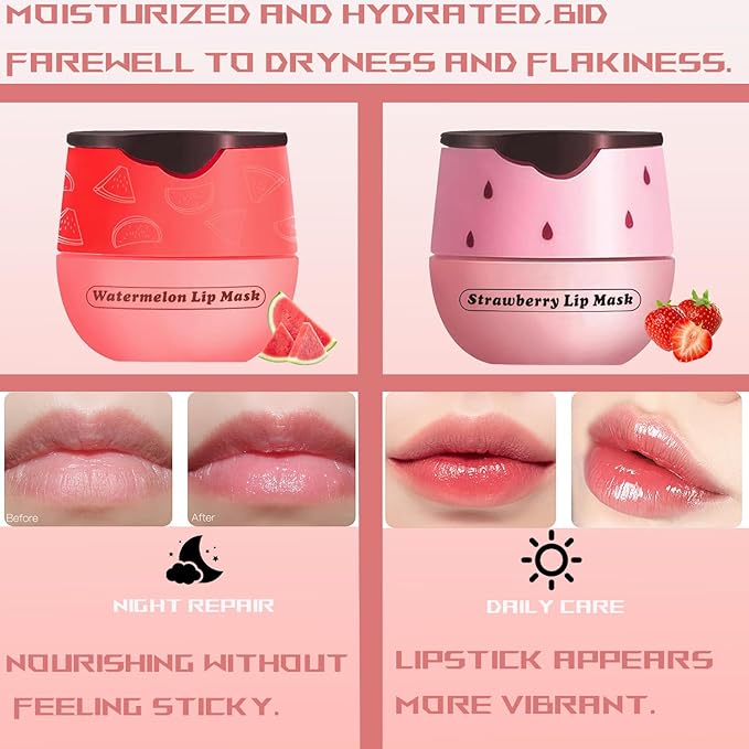 3PCS Bee Lip Balm Honey Pot, Exfoliating Strawberry Cherry Watermelon Bee Lip Balm Sleeping Lip Mask Overnight with Sticks, Honey Pot Lip Balm Prevention Dry Hydrating and Crack Lip Scrubs-FemmiqueWomen