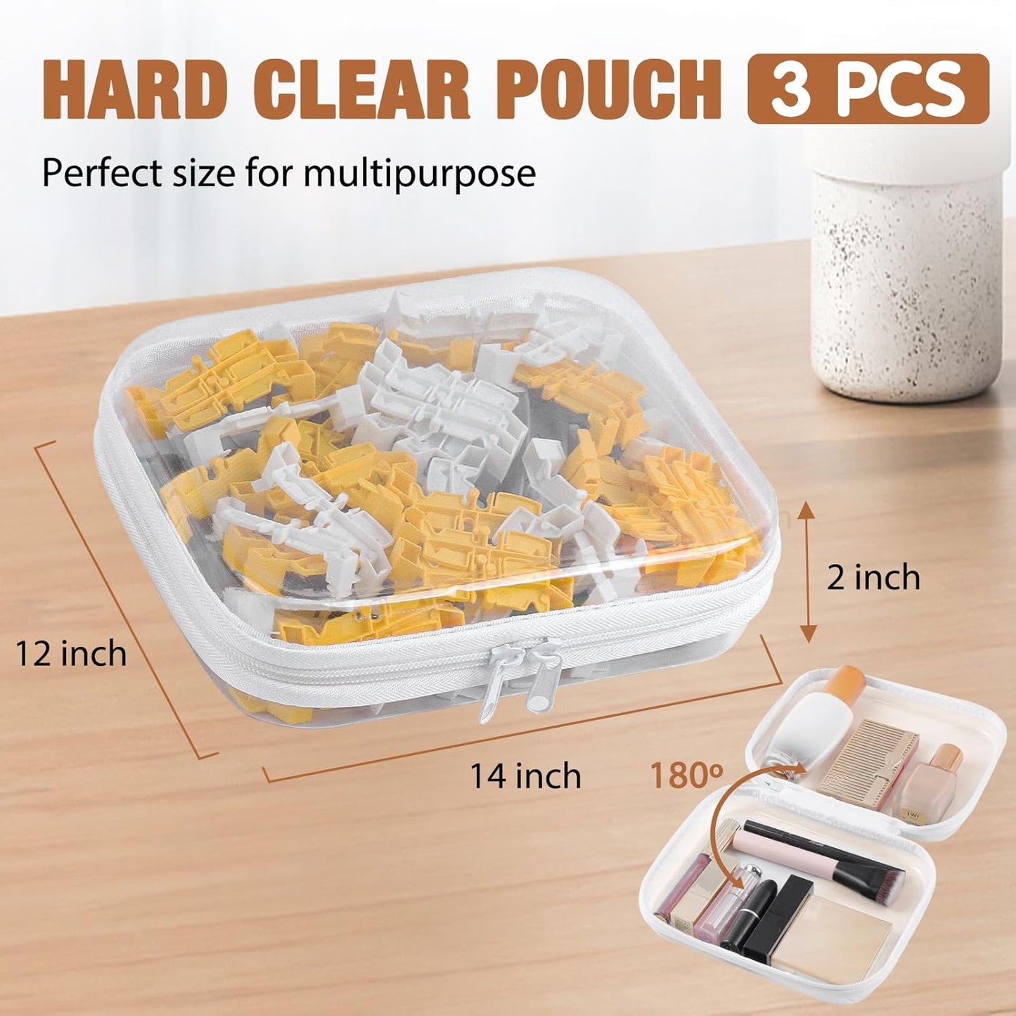 Clear Hard Shell Zipper Case 3 PCS Clear Cosmetic Make up Bag Waterproof Travel Toiletry Bag for Women, Hard Plastic Zipper Pouches Portable Travel Storage Organizer Bins (White, 14"x12"x2")-FemmiqueWomen