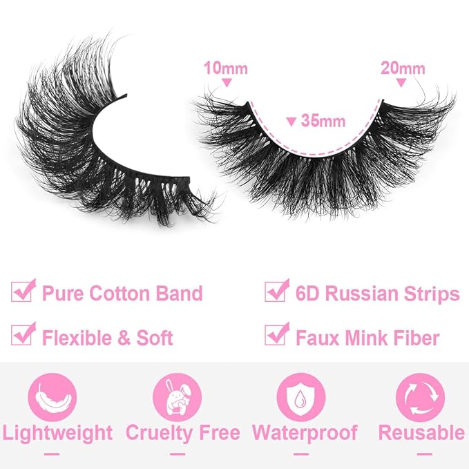 Mink Lashes Fluffy D-Curl False Eyelashes 20mm Long Volume Lashes That Look Like Extensions Cat Eye Fake Lashes Faux Mink Strip Lashes Pack 7 Pairs-FemmiqueWomen