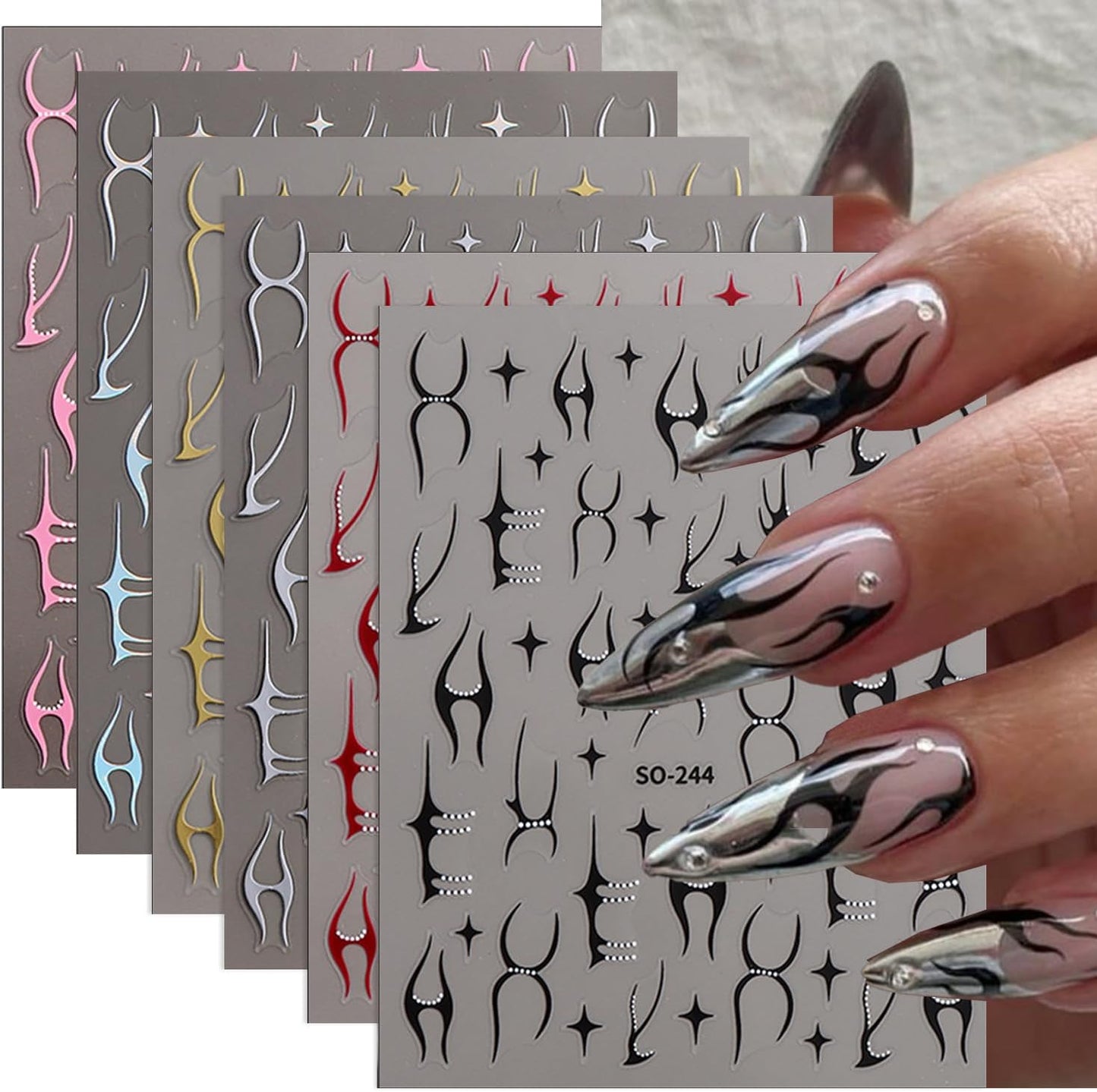 3D Nail Stickers Geometric Nail Art Stickers Fishbone Line Nail Decals Red Gold Black Silver White Irregular Line Mixed Star Design Gothic Nail Sticker for Nail Art Decor Manicure for Women 6Sheets-FemmiqueWomen