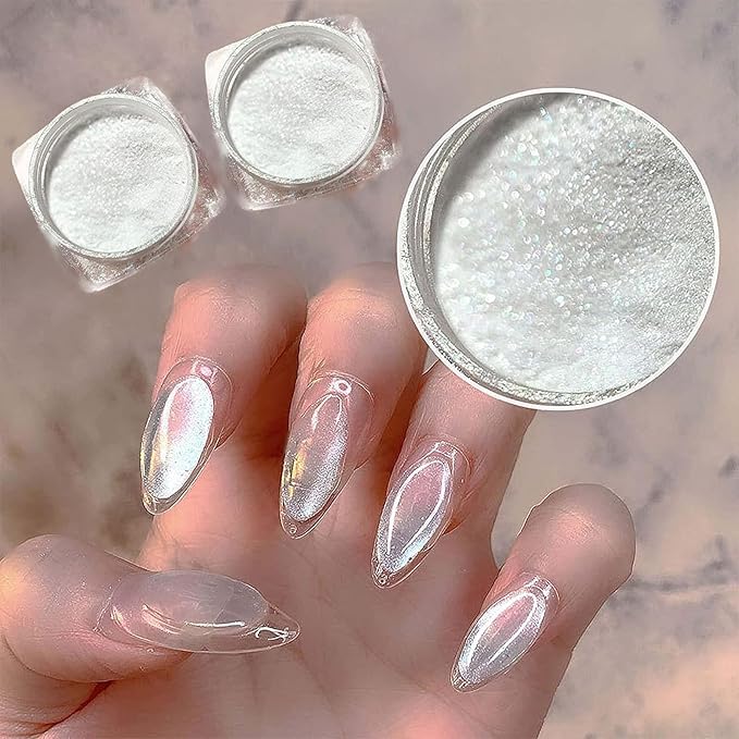 2Pcs Pearl Chrome Nail Powder - Ice Transparent Aurora, White Chameleon Iridescent Pigment for Nails - High Gloss Pearlescent Glitter (2pc White)-FemmiqueWomen