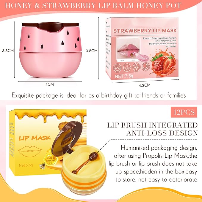 12 Pcs Bee Lip Balm Honey Pot with Brush Propolis Lip Mask Overnight, Moisturizing Hydrating Lip Sleeping Mask Prevention Dry and Cracked(Honey+Strawberry)-FemmiqueWomen