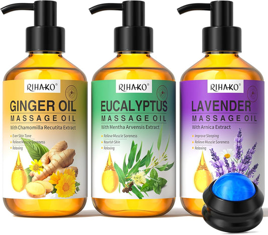 3 Pack Massage Oil for Massage Therapy,Ginger for Lymphatic Drainage, Lavender for Relaxation, Eucalyptus Mint for Muscle Relief | Massage Therapy & Date Night Spa Gift with Massage Ball for Him & Her-FemmiqueWomen