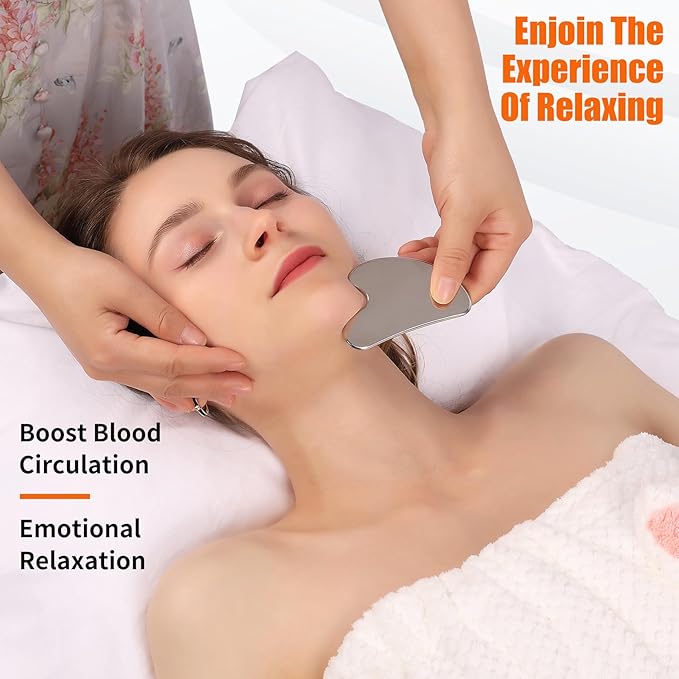 2Pcs Stainless Steel Gua Sha Facial Tools Set, Metal Face Comb Detail Skin Care Tools, Body and Face Gua Sha Sculpting for Tighten Skin Lymphatic Drainage-FemmiqueWomen