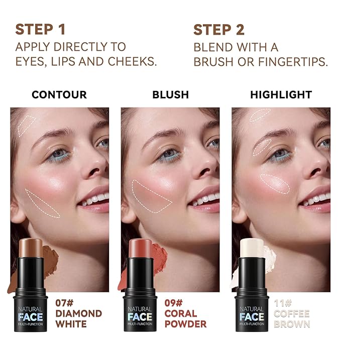 3 Colors Cream Contour Stick, Shades with Highlighter Stick,Blush Stick and Bronzer Contour Stick for Sculpt the Cheeks,Long Lasting,Waterproof,Matte & Dewy Finish for Women (FAIR(7+9+11))-FemmiqueWomen