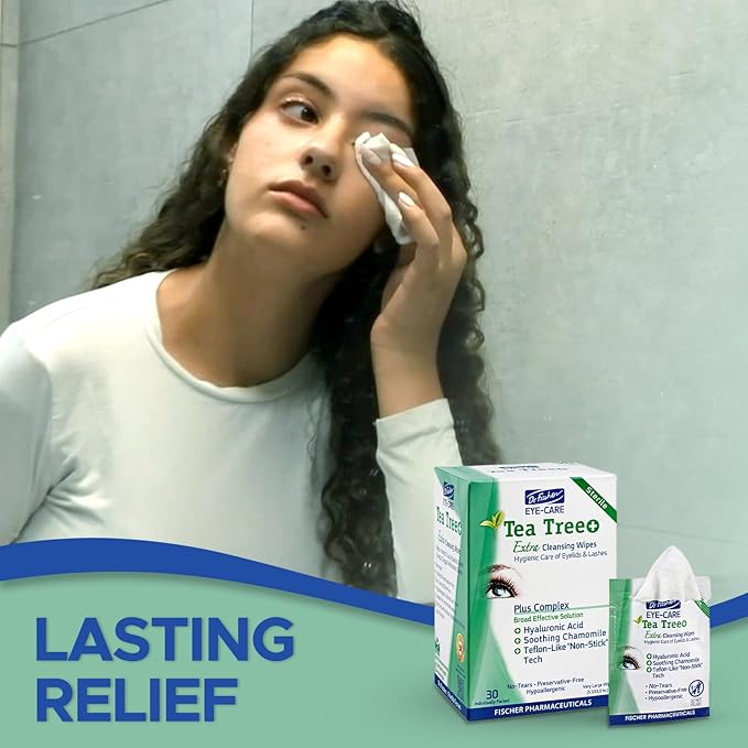 Dr. Fischer Tea Tree Oil Eye Wipes - Eyelid Wipes for Sensitive Eyes with Hyaluronic Acid and Chamomile, Makeup Remover, Daily Cleanser (60 wipes)-FemmiqueWomen