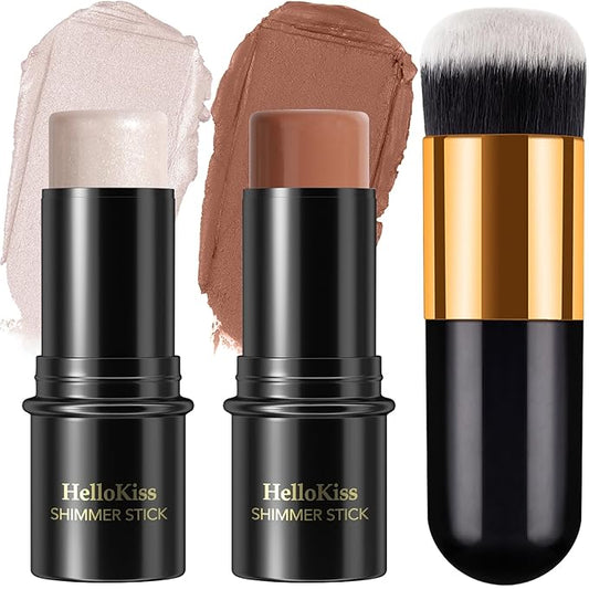 2Pcs Cream Contour Stick Makeup Kit, Cream Highlighter Stick and Bronzer Contour Stick with Longwear Waterproof Formula for Brightening and Trimming the Cheeks, Makeup Brush Include (#01, 06)-FemmiqueWomen