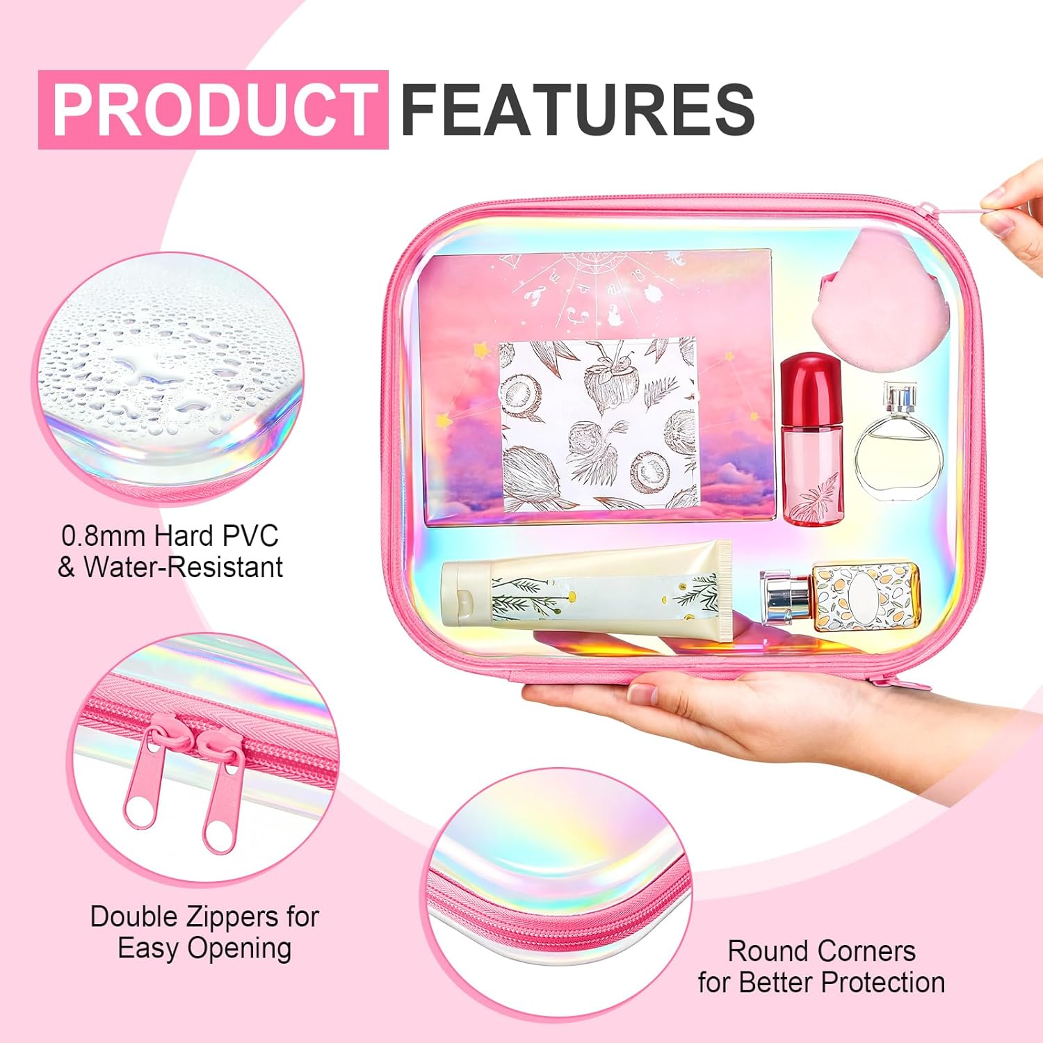 Hoolerry 4 Pcs Hard Clear Zipper Case Makeup Bags Plastic Pencil Pouch Transparent Storage Box Containers for Cosmetics, Snacks, Building Blocks, Puzzles(Pink Laser,9.8 x 7.9 x 2 in)-FemmiqueWomen