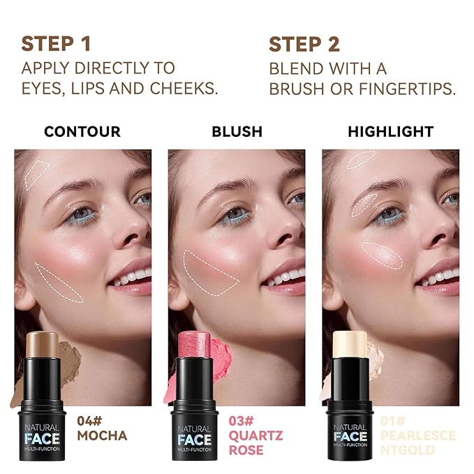 3 Colors Cream Contour Stick, Shades with Highlighter Stick,Blush Stick and Bronzer Contour Stick for Sculpt the Cheeks,Long Lasting,Waterproof,Matte & Dewy Finish for Women (LIGHT(1+3+4))-FemmiqueWomen