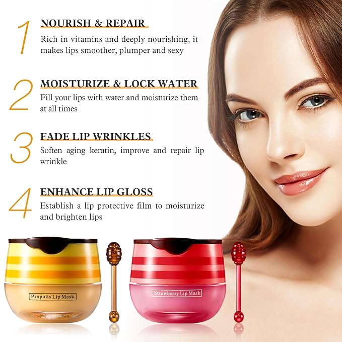 2 PCS Bee Honey Lip Balm Honey Pot, Strawberry & Bee Honey Lip Mask, Reduces Lip Lines, Hydrate & Moisturizing Lip Skin Care, Prevention Dry Cracked Lips, Bee Honey Lip Balm for Lip Repair Treatment-FemmiqueWomen