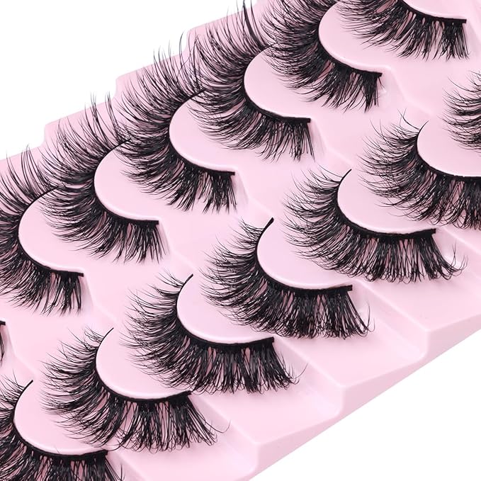 Mink Lashes False Eyelashes Natural Look Wispy Cat Eye Flat Lashes 3D Mink Lashes Natural Fake Lashes 18mm Strip Lashes Pack 7 Pairs-FemmiqueWomen