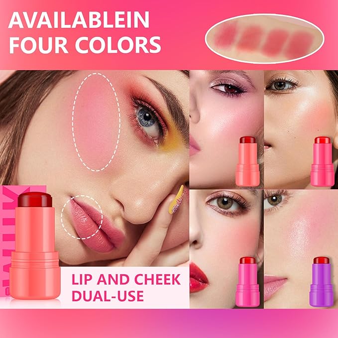 2 Pcs Milk Jelly Blush,Jelly Tint Blush Stick Sheer Lip & Cheek Stain Milk Cooling Water Jelly Tint Long Lasting Face Blushes, Lip Gloss Cheek Solid Moisturizer Stick (03#+04#)-FemmiqueWomen