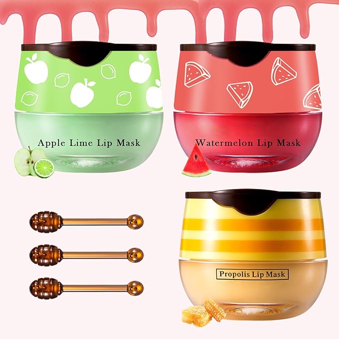 3PCS Bee Lip Balm Honey Pot Honey Watermelon Green Apple Lip Balm Lip Sleeping Mask Moisturizing Hydrating Bee Lip Balm Lip Care Products for All Skin Types (Honey Watermelon Green Apple)-FemmiqueWomen