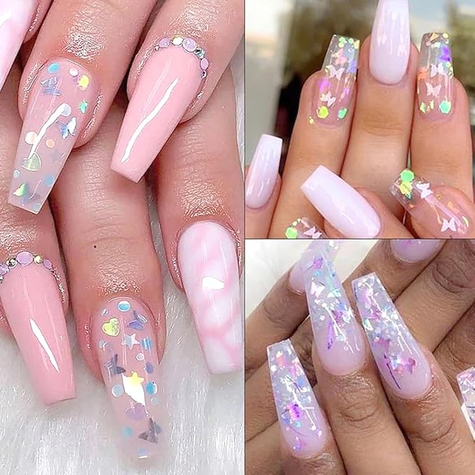 12 Grids Flaky Nail Art Glitter Sequins 3D Heart-Shaped Butterfly Ultra Thin Nail Art Sparkly Flake Designs Moon Stars Decorations Nail Glitter Sequins Suitable for Female Girl Nail Art Techniques-FemmiqueWomen