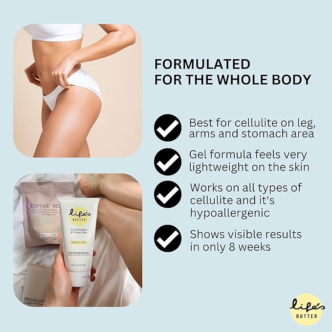 Life's Butter Anti-Cellulite Cream with L-Carnitine, Coenzyme Q10 | Skin Smoothening Natural Product | Fights Cellulite and Stretch Marks | 6 fl oz (Scent-Free) + Dry Brush-FemmiqueWomen