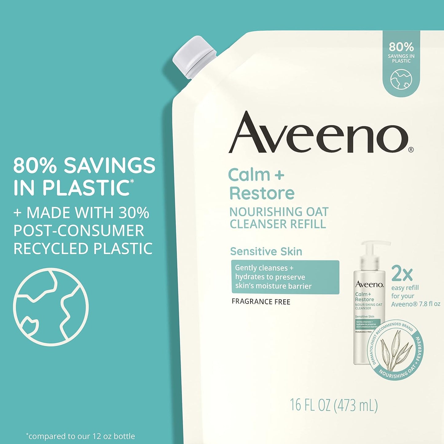 Aveeno Calm + Restore Nourishing Oat Facial Cleanser for Sensitive Skin, Gentle Face Wash with Nourishing Oat & Calming Feverfew, Hypoallergenic, Fragrance-Free, Refill Pouch, 16 fl. oz-FemmiqueWomen