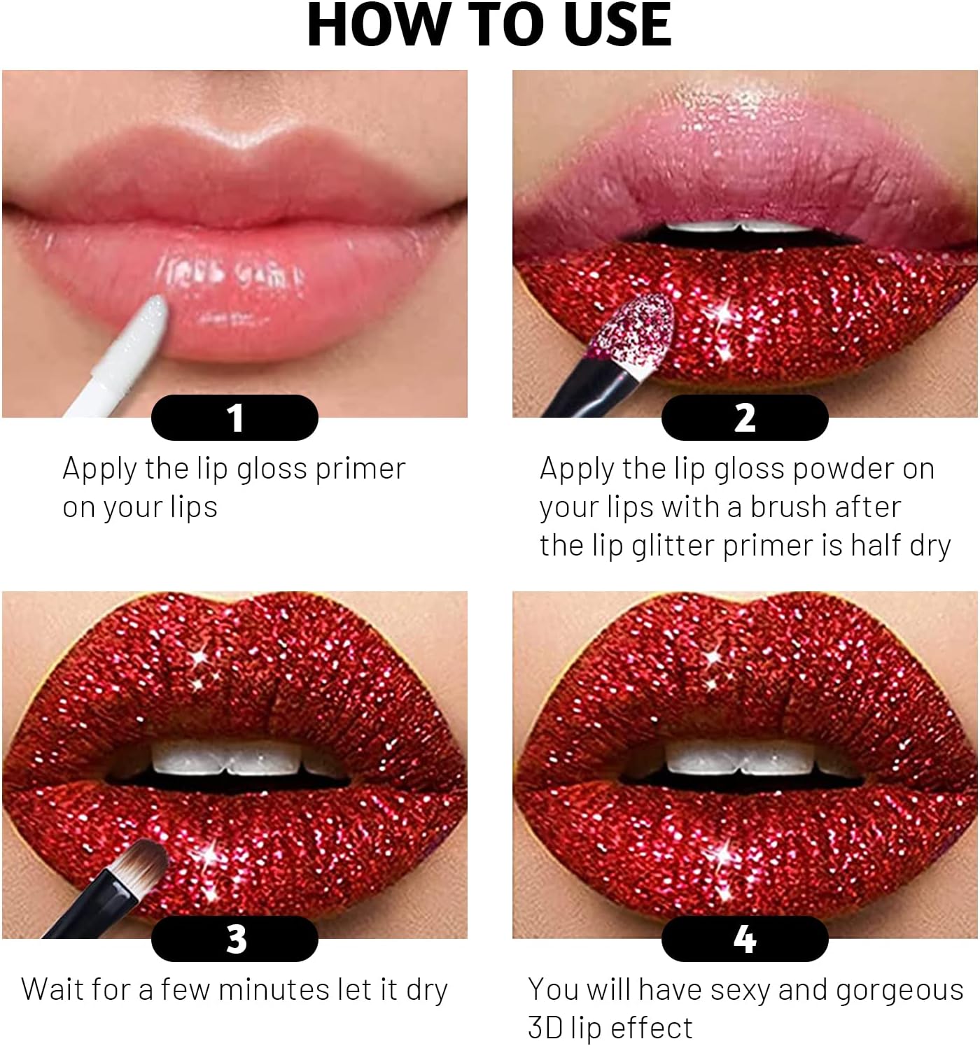 3 Colors Glitter Lip Kit, Diamond and Metallic Powder With Primer, Waterproof Long Lasting & Smudge Proof, Shimmer Sparkly Cosmetic Without Sticky Flake Off Set C-FemmiqueWomen