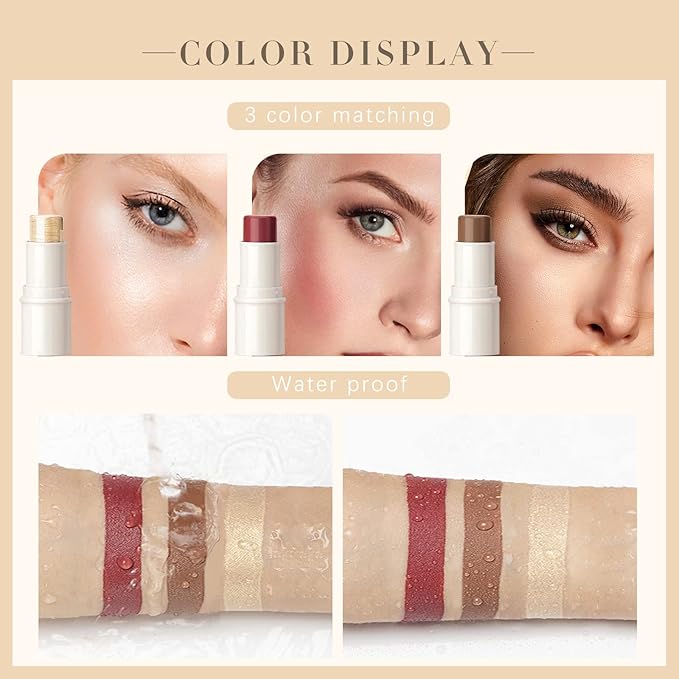 3 Colors Highlilghter Contour Blush Sticks Creamy Sticks for Cheeks, Eyes Cosmetics Stick Set, 3 in 1 Long Lasting Waterproof Moisturizer Makeup Sticks for All Skin-FemmiqueWomen