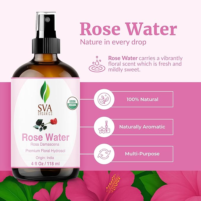 SVA ORGANICS Rose Water 4oz (118 ml) Refreshing Rose Water Spray for Skin Care, Skin Hydration, Bath, Soaps, Haircare & Aromatherapy-FemmiqueWomen