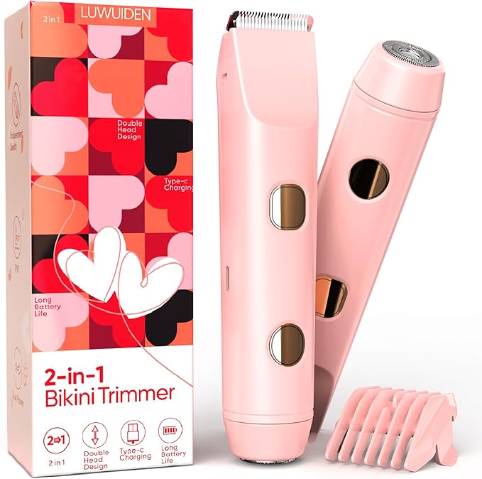 2 in 1 Bikini Trimmer for Women, Smooth and Painless Electric Razors for Women, IPX7 Waterproof Women's Electric Shaver, Rechargeable Bikini Underarm Legs Arm Body Face Trimmer Womens Shaver (Pink)-FemmiqueWomen