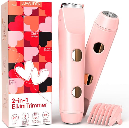 2 in 1 Bikini Trimmer for Women, Smooth and Painless Electric Razors for Women, IPX7 Waterproof Women's Electric Shaver, Rechargeable Bikini Underarm Legs Arm Body Face Trimmer Womens Shaver (Pink)-FemmiqueWomen