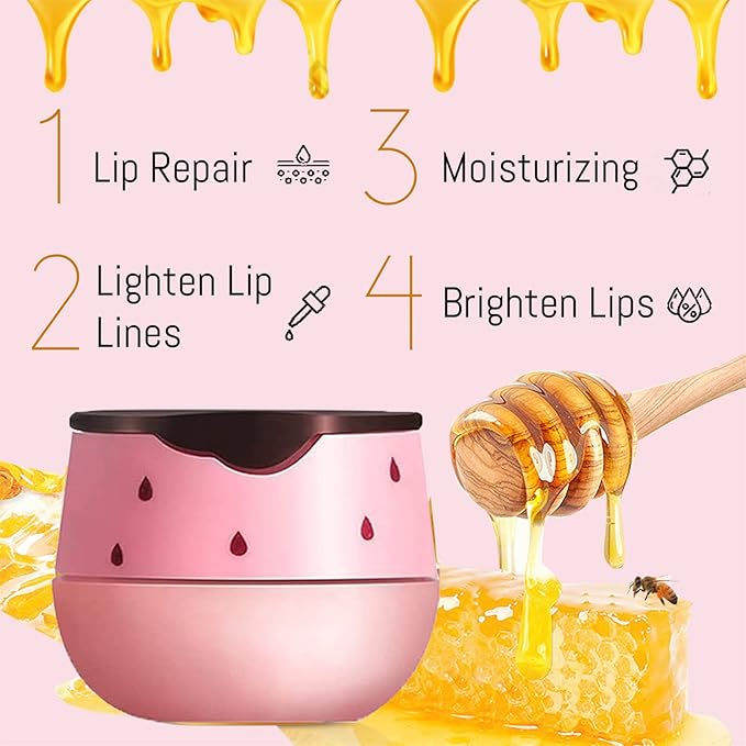 2PCS Lip Balm Honey Pot, Honey Pot Lip Balm for Dry Cracked Lips, Strawberry Lip Balm Scrubs Exfoliator & Moisturizer, Hydrating Lip Balm Honey Pot with Wand, Lip Sleeping Mask (B)-FemmiqueWomen