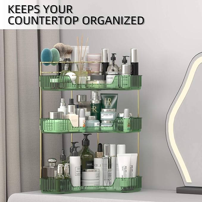 3 Tier Corner Bathroom Organizer Countertop, Vanity Makeup Organizer with Brush Holder, Space-Saving Skincare Storage Corner Shelf for Bathroom, Dressing Table, Kitchen-FemmiqueWomen