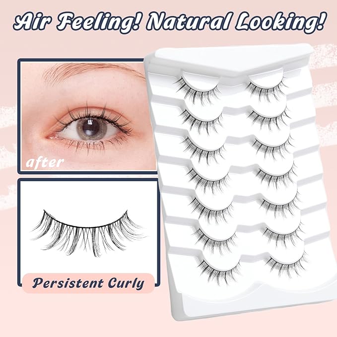 Manga Lashes Natural False Eyelashes 10MM Short Anime Lashes Thin Band Korean Lashes 3D Volume Strip Lashes Wispy Manhua Eyelashes 7 Pair Asian Lashes Siligli-FemmiqueWomen