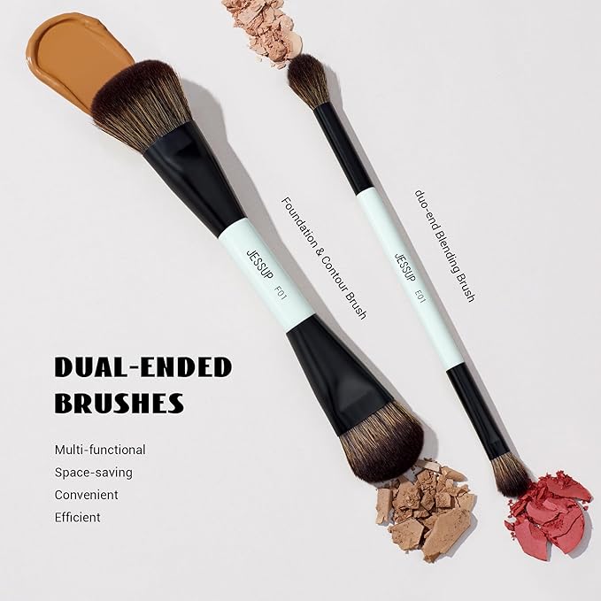 Jessup Makeup Brushes 2pcs Double Sided Foundation Brush Contour Brush Dual Ended Eye Blending Brush, Multi-functional Cosmetic Brush Bright Cyan T502-FemmiqueWomen