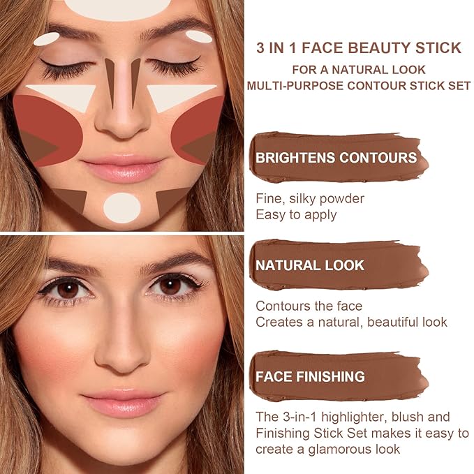 3 Colors Cream Contour Stick, Shades with Highlighter Stick,Blush Stick and Bronzer Contour Stick for Sculpt the Cheeks,Long Lasting,Waterproof,Matte & Dewy Finish for Women (FAIR(7+9+11))-FemmiqueWomen