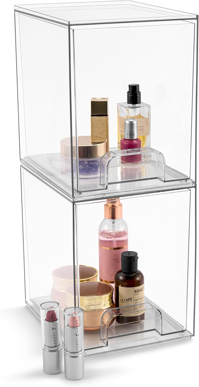Sorbus Acrylic Storage Containers - 2 Pack, Stackable Storage Bins Set for Bathroom Organization - Clear Acrylic Drawer Organizers - Makeup Case Pull-Out Drawers (7.6’’ Tall)-FemmiqueWomen