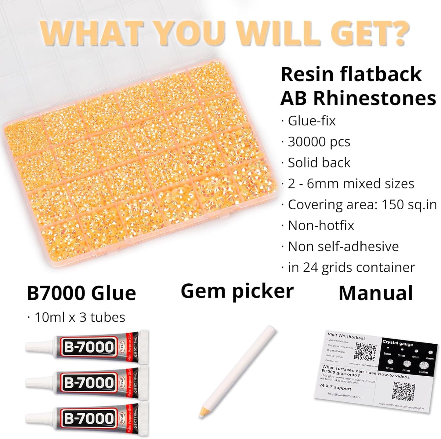 30000Pcs Resin Jelly Rhinestones Set for Crafting Bedazzling, Orange Yellow AB Flatback Gems Jewels for Crafts Clothes Shoes Fabric Outfit Nails Makeup, Flat Back Crystal 2-6mm with b 7000 Glue-FemmiqueWomen