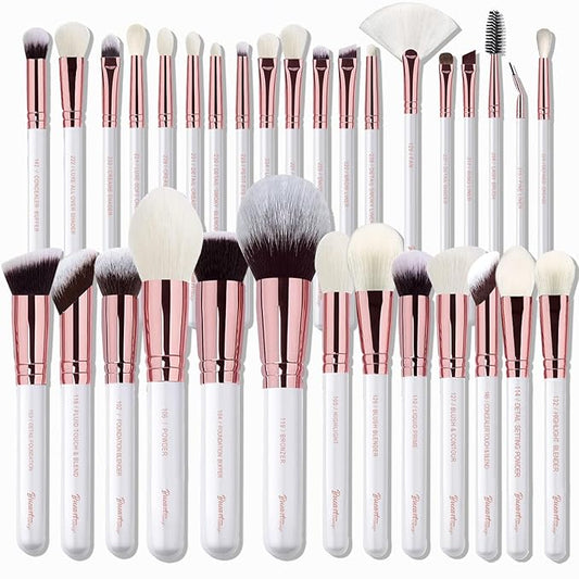 Pro makeup Artist Brushes Set 32Pcs Luxury Goat Hair Horse hair Makeup Brush Set eye and face brushes for every possibility By Bueart Design (Pearl White)-FemmiqueWomen