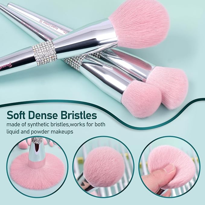 Bueart Design Elegant pink Ultra soft labeled Makeup Brushes Sets with Brush Holder makeup brush set with Foundation Powder blush blending contour Brush (15Pcs Silver Pink+Holder)-FemmiqueWomen