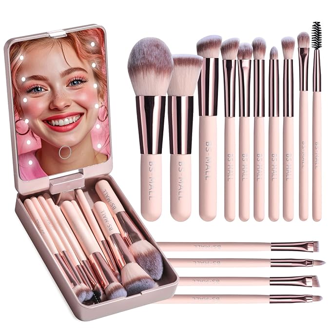 BS-MALL Makeup Brushes Foundation Powder Concealers Eye Shadows Makeup Set with LED light Mirror 14 Pcs Mini Makeup Brushes (APINK)-FemmiqueWomen